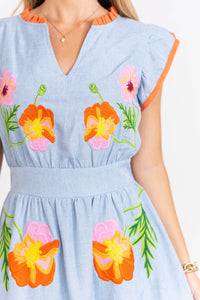 Sweet On Saturdays Blue Embroidered Midi Dress