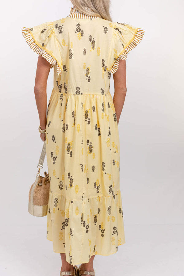 Honey Blossom Yellow Embroidered Midi Dress