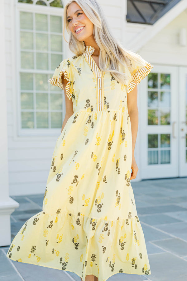 Honey Blossom Yellow Embroidered Midi Dress
