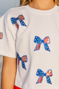 Girls: Fireworks And Fun White Sequin American Flag Bows Top
