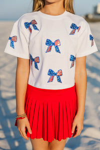 Girls: Fireworks And Fun White Sequin American Flag Bows Top