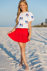 Girls: Fireworks And Fun White Sequin American Flag Bows Top