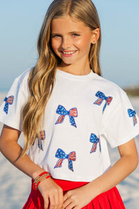 Girls: Fireworks And Fun White Sequin American Flag Bows Top