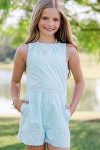 Girls: In A Playful Way Light Blue Embroidered Romper