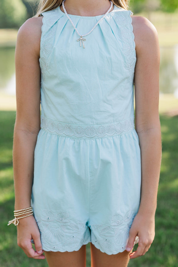 Girls: In A Playful Way Light Blue Embroidered Romper