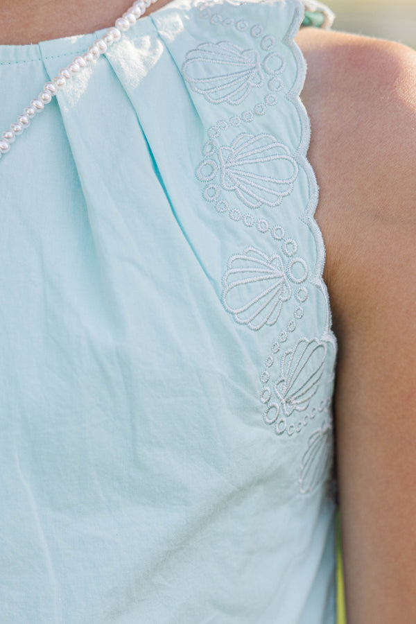 Girls: In A Playful Way Light Blue Embroidered Romper