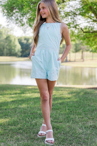 Girls: In A Playful Way Light Blue Embroidered Romper