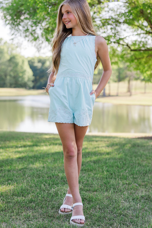 Girls: In A Playful Way Light Blue Embroidered Romper