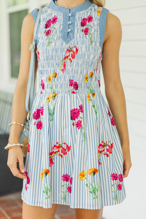 The Birdie Bliss Blue Striped Smocked Dress