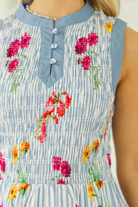 The Birdie Bliss Blue Striped Smocked Dress