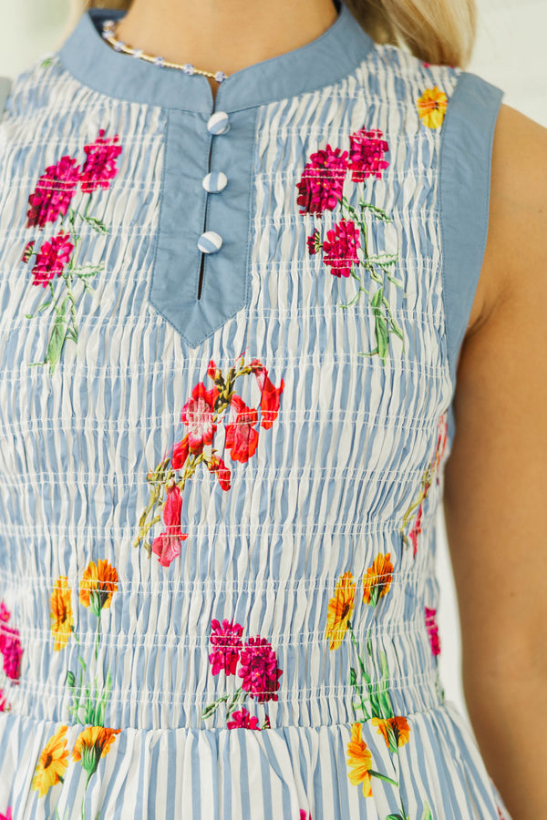 The Birdie Bliss Blue Striped Smocked Dress