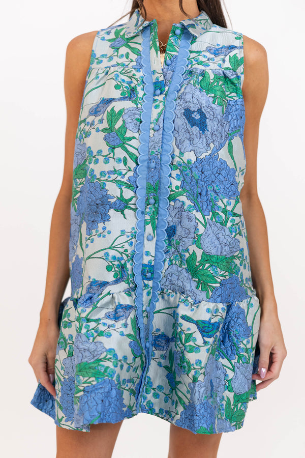 By The Minute Blue Brocade Floral Scalloped Dress