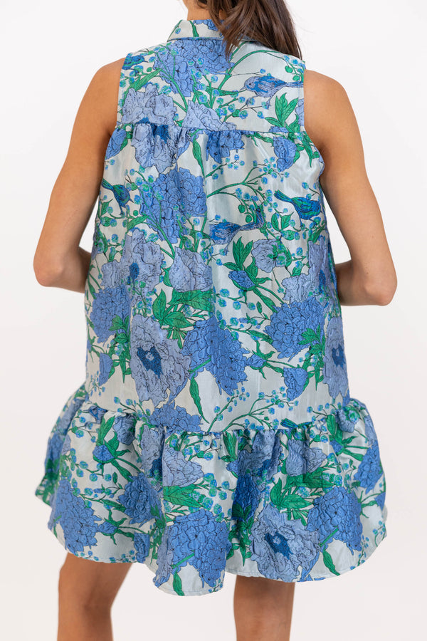 By The Minute Blue Brocade Floral Scalloped Dress