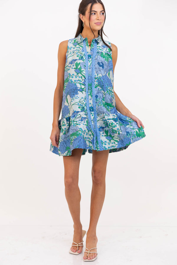 By The Minute Blue Brocade Floral Scalloped Dress