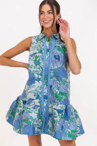 By The Minute Blue Brocade Floral Scalloped Dress