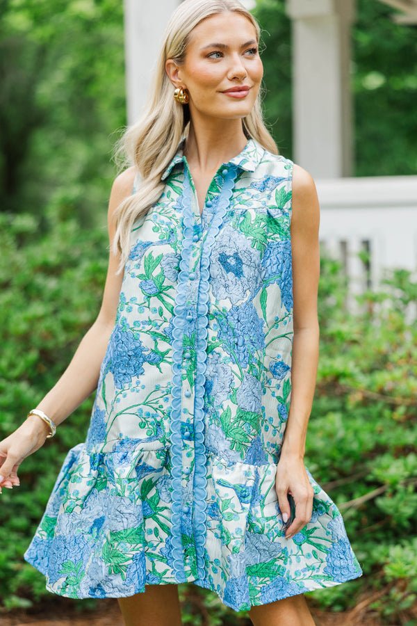 By The Minute Blue Brocade Floral Scalloped Dress