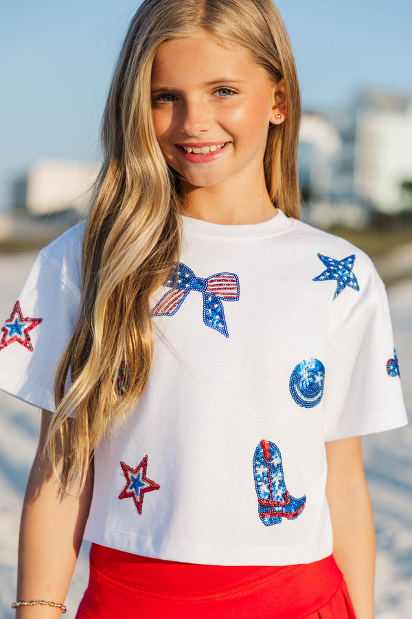 Girls: Fireworks And Fun White Sequin American Cowgirl Top