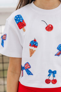 Girls: Fireworks And Fun White Sequin Patriotic Ice Cream Top