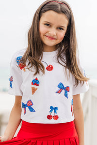 Girls: Fireworks And Fun White Sequin Patriotic Ice Cream Top