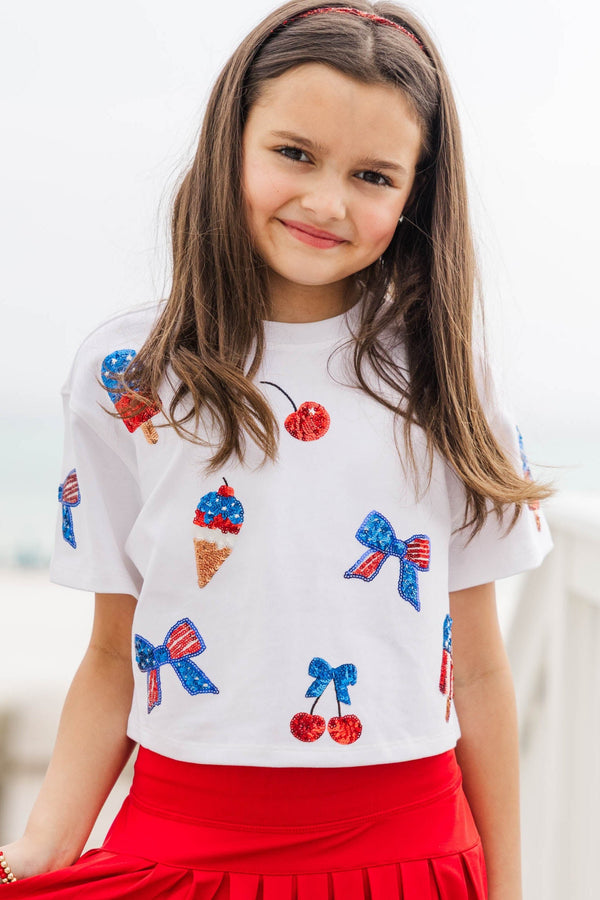 Girls: Fireworks And Fun White Sequin Patriotic Ice Cream Top