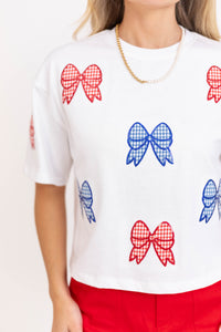 Color Pop Fun White Gingham Bow Sequin Top