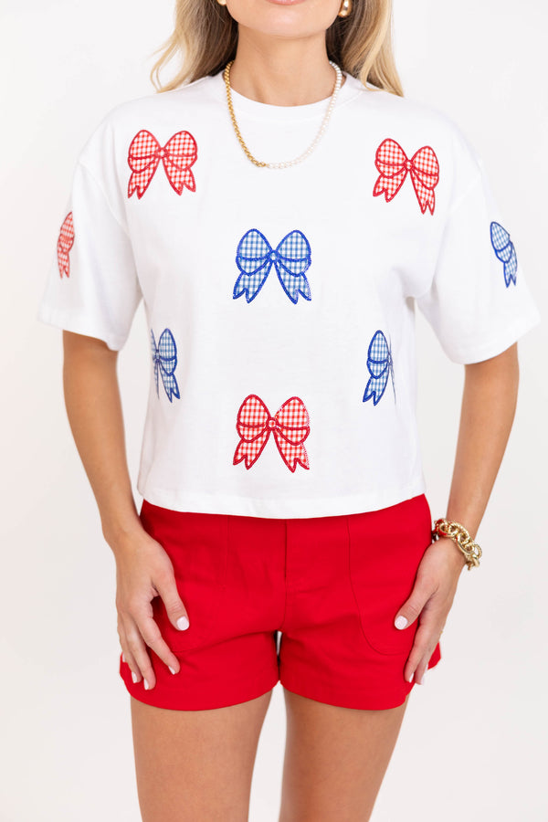 Color Pop Fun White Gingham Bow Sequin Top