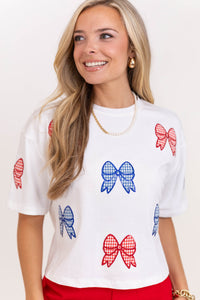 Color Pop Fun White Gingham Bow Sequin Top