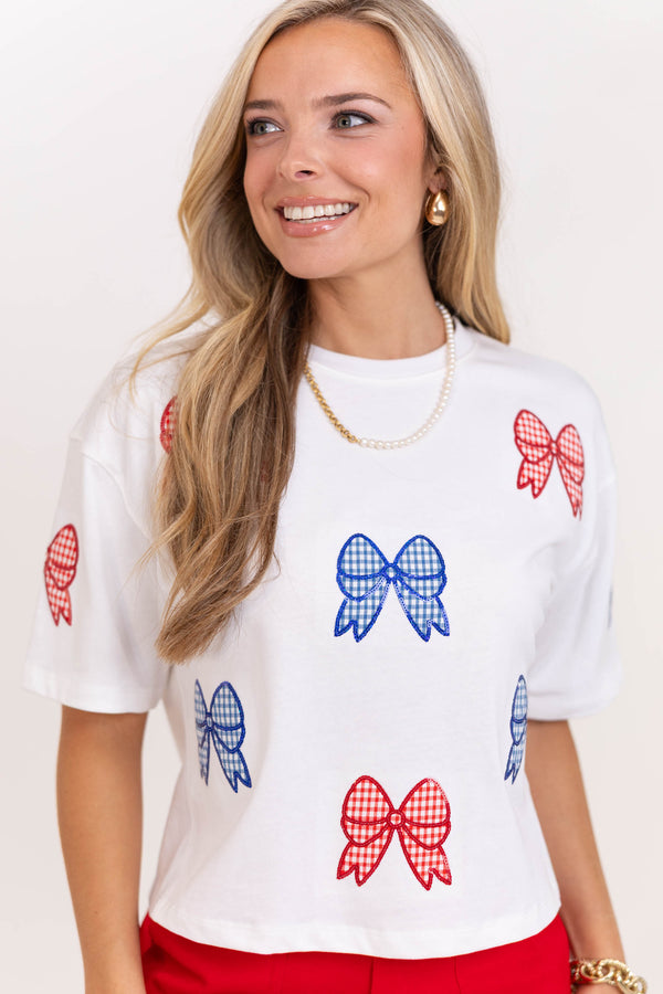 Color Pop Fun White Gingham Bow Sequin Top