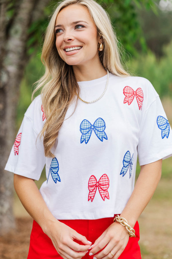 Color Pop Fun White Gingham Bow Sequin Top