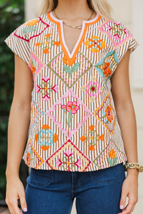 THML: Dressed To Charm Brown Embroidered Blouse