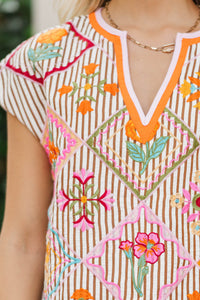 THML: Dressed To Charm Brown Embroidered Blouse