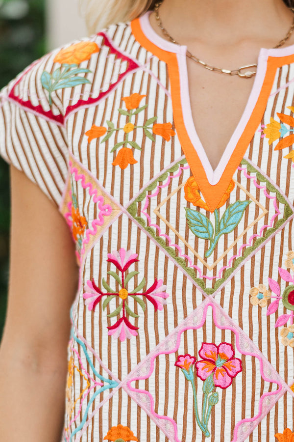 THML: Dressed To Charm Brown Embroidered Blouse