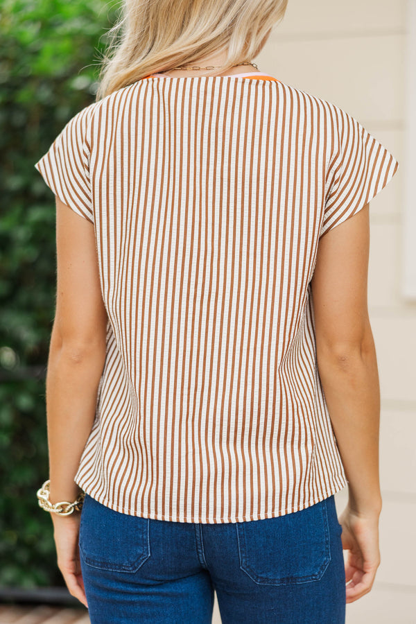 THML: Dressed To Charm Brown Embroidered Blouse
