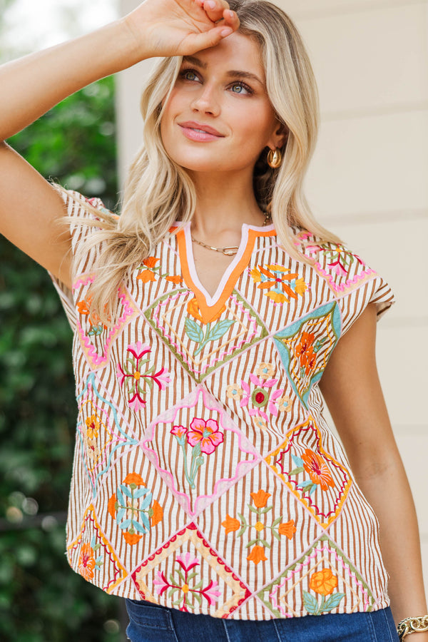 THML: Dressed To Charm Brown Embroidered Blouse