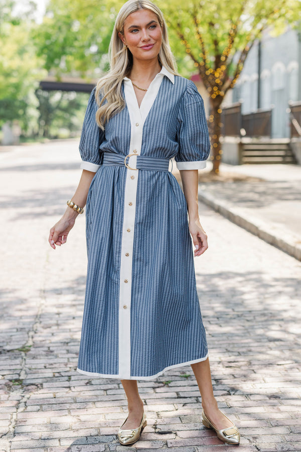 Every Occasion Navy Striped Midi Dress