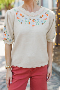 Morning Café Oatmeal Embroidered Sweater
