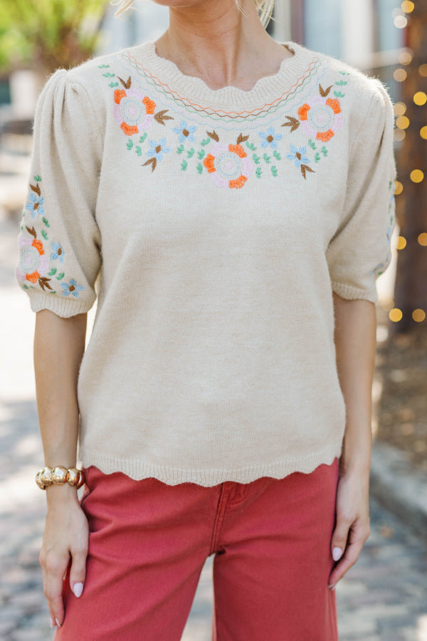 Morning Café Oatmeal Embroidered Sweater