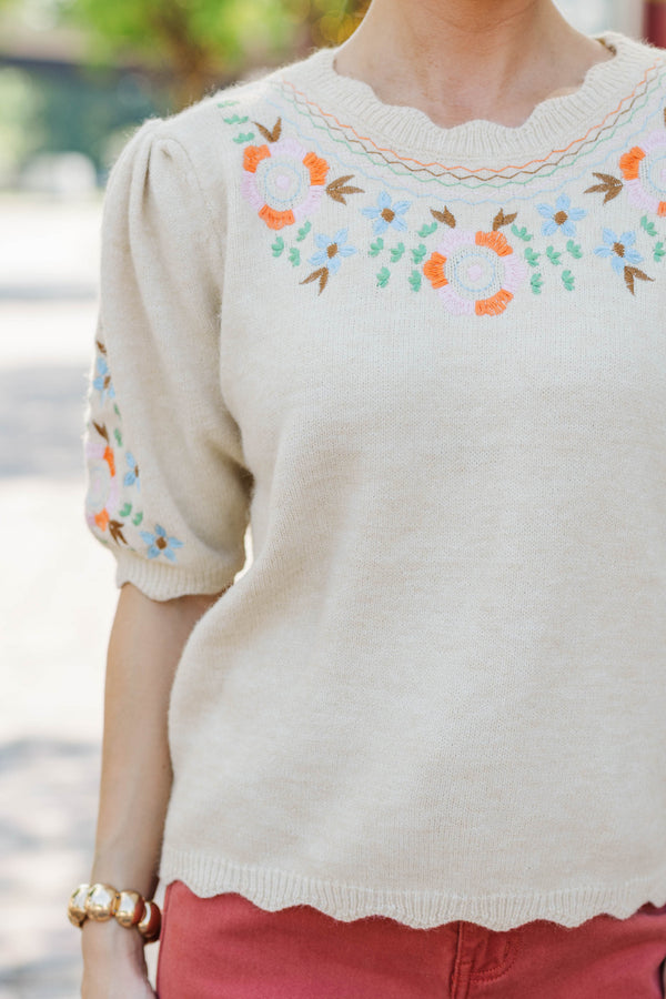 Morning Café Oatmeal Embroidered Sweater