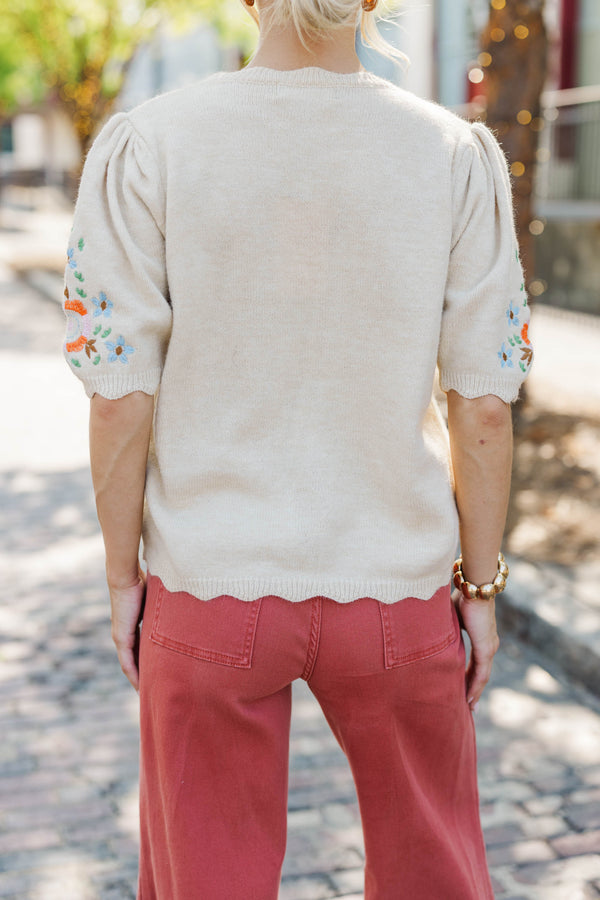 Morning Café Oatmeal Embroidered Sweater