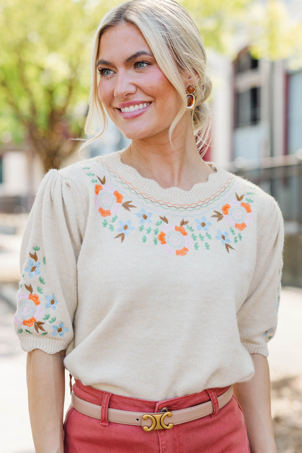 Morning Café Oatmeal Embroidered Sweater
