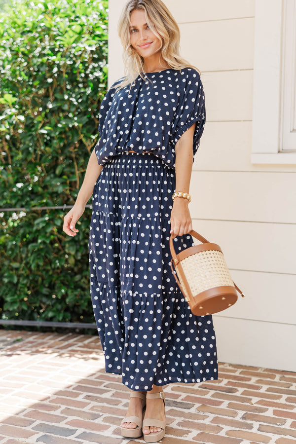 So Good To You Navy Polka Dot Midi Skirt