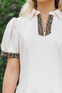 She's Only Beginning Cream Leopard Dress