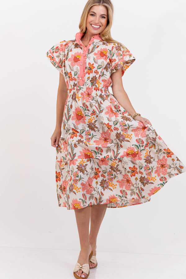 All The Joy You Bring Coral Floral Midi Dress