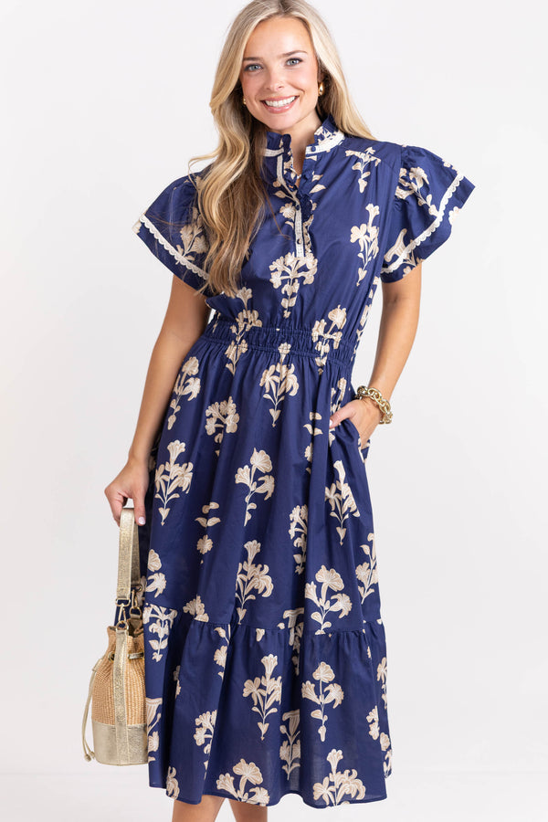 Your Heart Smiles Navy Floral Midi Dress