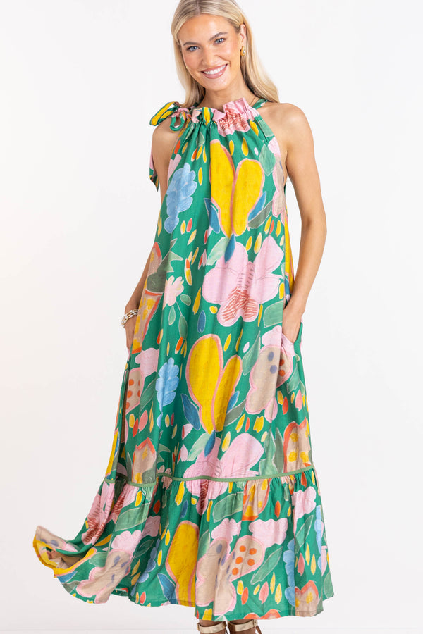 All The Right Feels Green Abstract Midi Dress