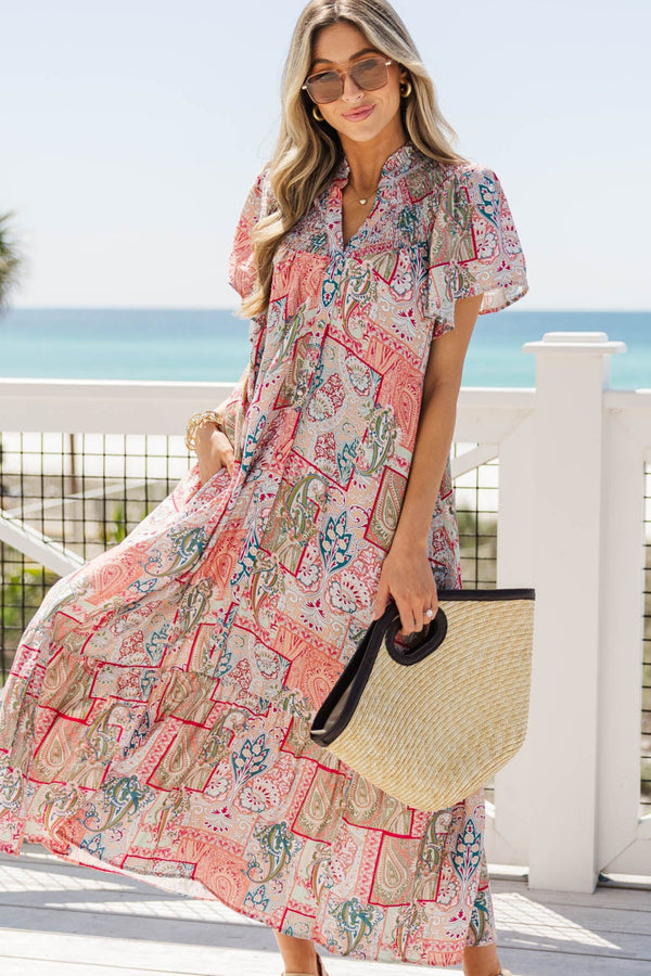 When Everything Clicks Pink Abstract Midi Dress