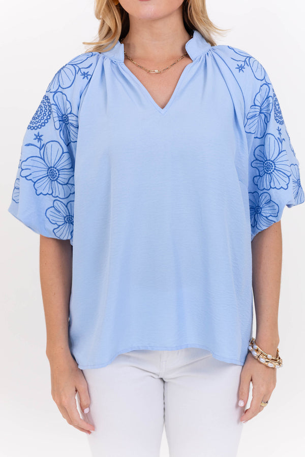So Far So Good Blue Embroidered Blouse