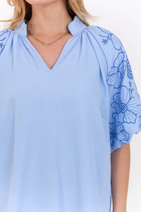 So Far So Good Blue Embroidered Blouse