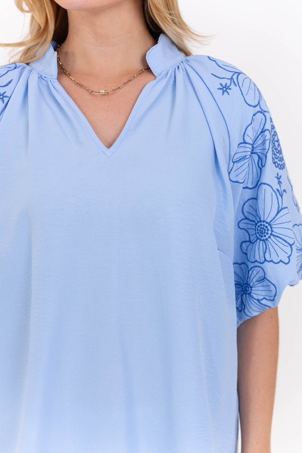 So Far So Good Blue Embroidered Blouse