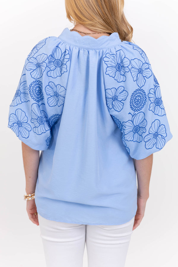 So Far So Good Blue Embroidered Blouse